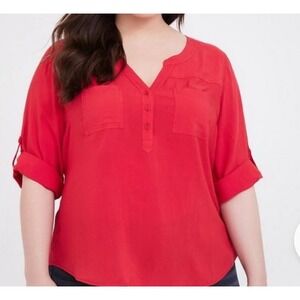 Torrid Harper Challis Top Sz 5x Red Button Up 3/4 Roll Tab Sleeve Blouse‎